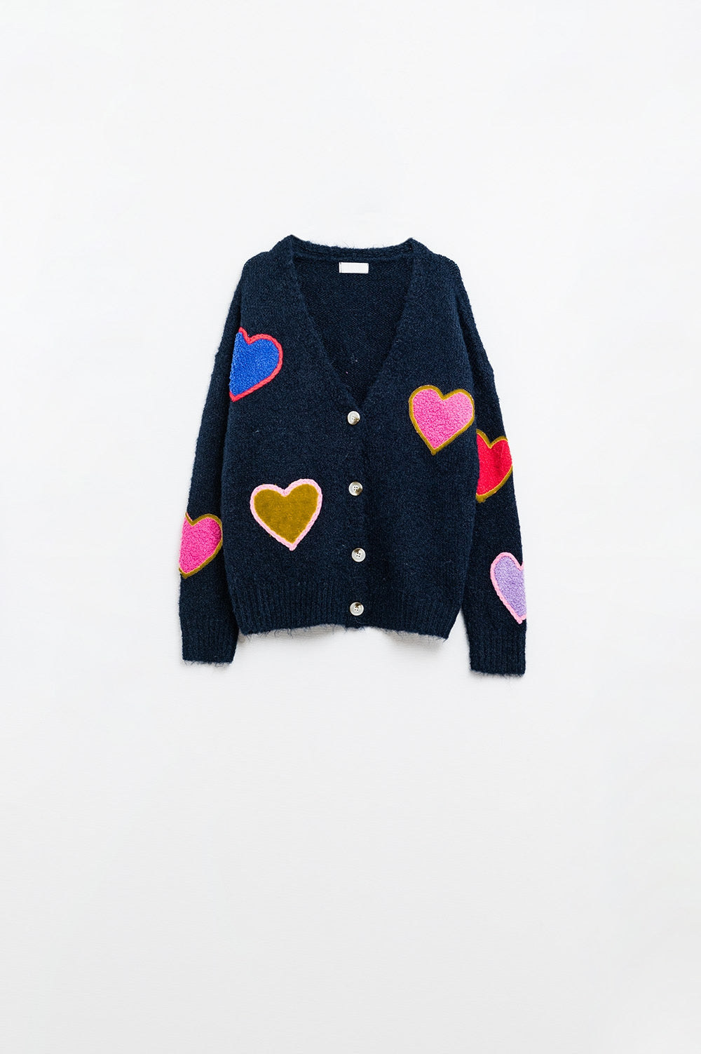 Q2 Navy blue knitted cardigan with embroidered hearts