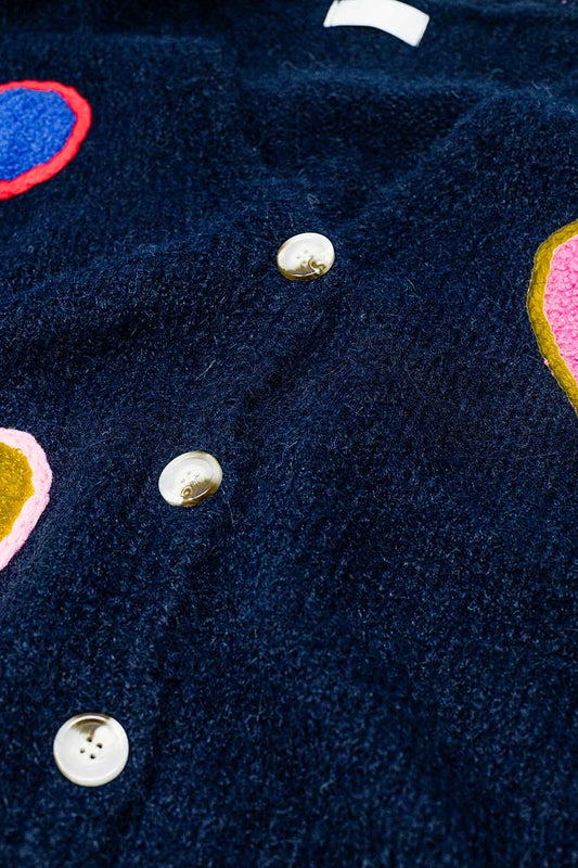 Navy blue knitted cardigan with embroidered hearts