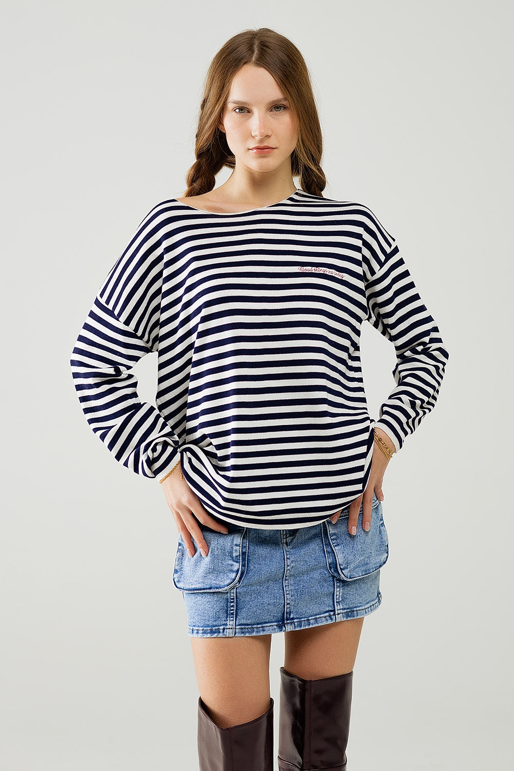 Q2 navy blue striped fine knit sweater with boat neck