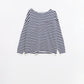 navy blue striped fine knit sweater with boat neck