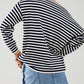 navy blue striped fine knit sweater with boat neck