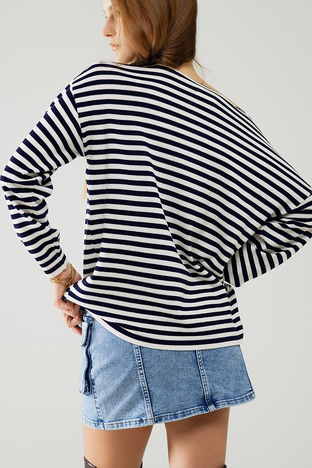 navy blue striped fine knit sweater with boat neck