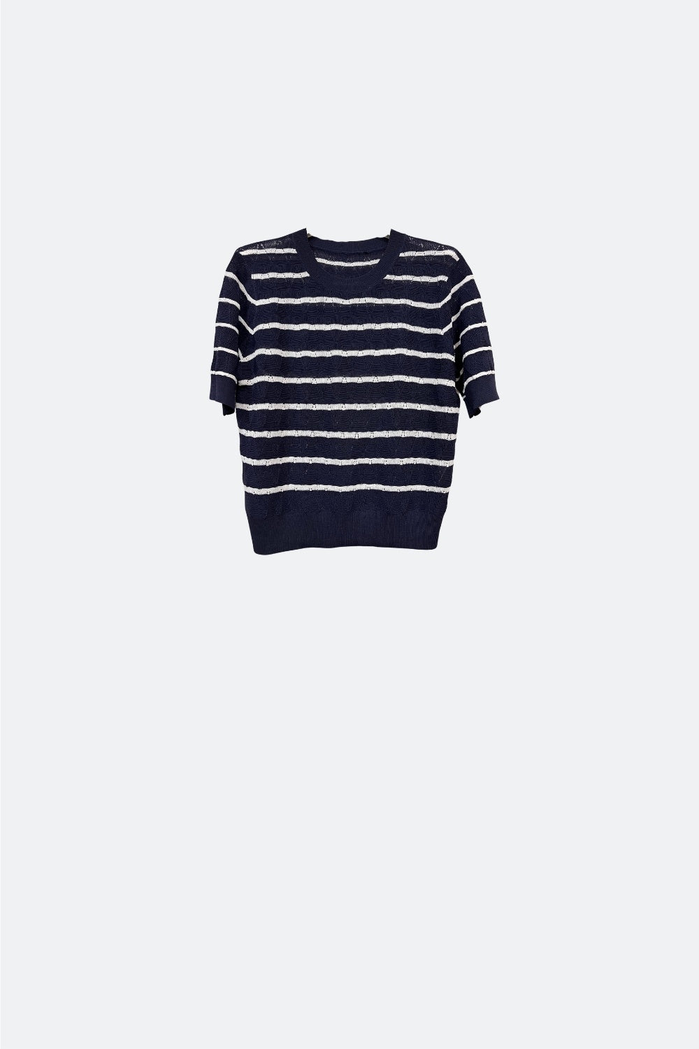 Q2 Navy Openwork knit sweater with Short Sleeves and white Stripes