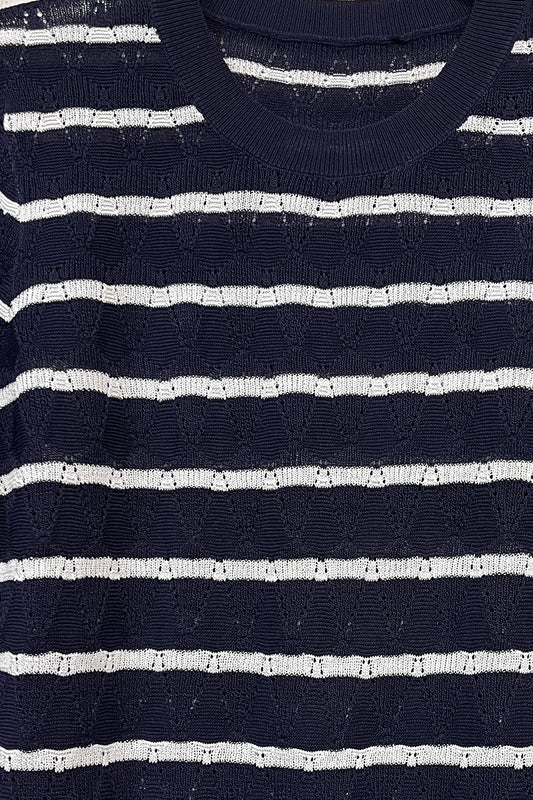 Navy Openwork knit sweater with Short Sleeves and white Stripes