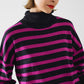 Q2 Navy oversized trutleneck sweater with fuchsia stripes and splits on the side