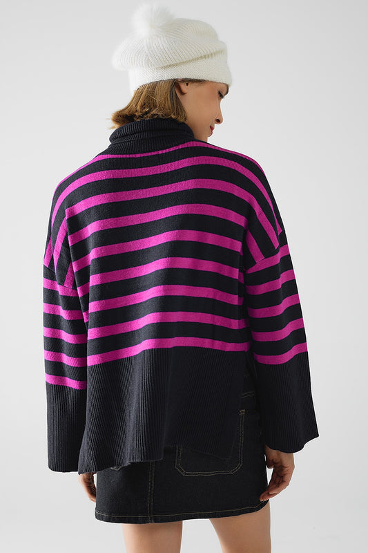 Navy oversized trutleneck sweater with fuchsia stripes and splits on the side