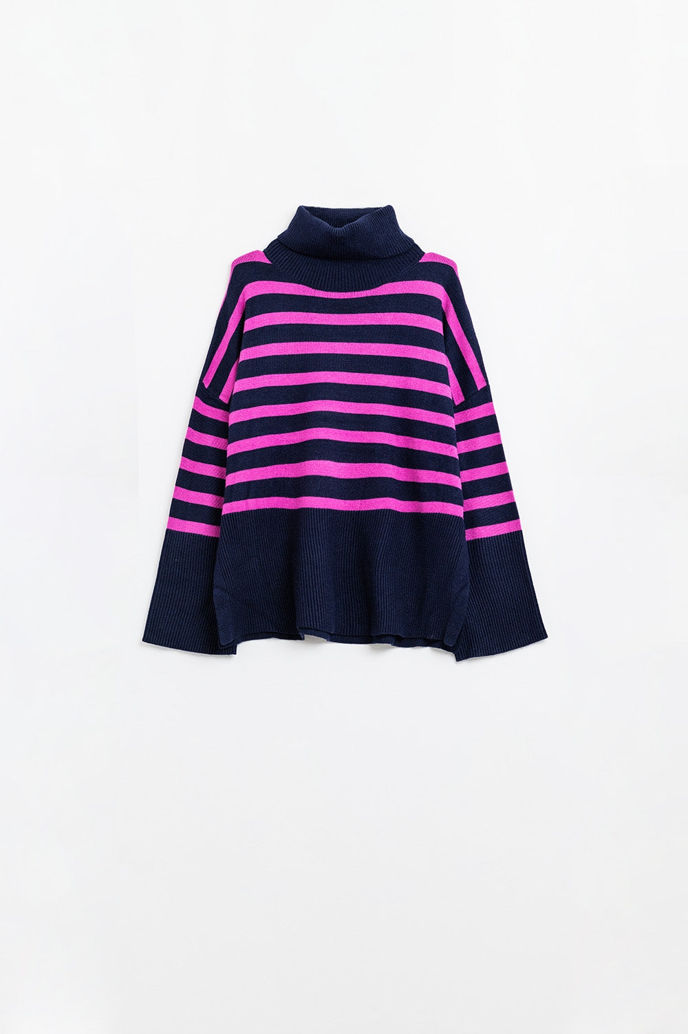 Navy oversized trutleneck sweater with fuchsia stripes and splits on the side