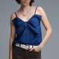 Q2 Navy poplin crop top with bow detail