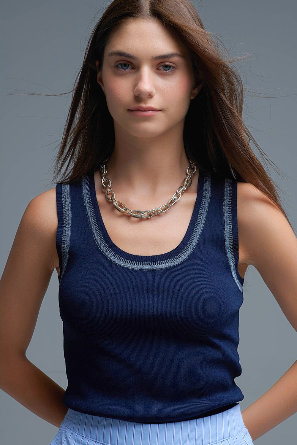 Q2 Navy Sleeveless Knit Top with Metallic Trim