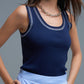 Navy Sleeveless Knit Top with Metallic Trim