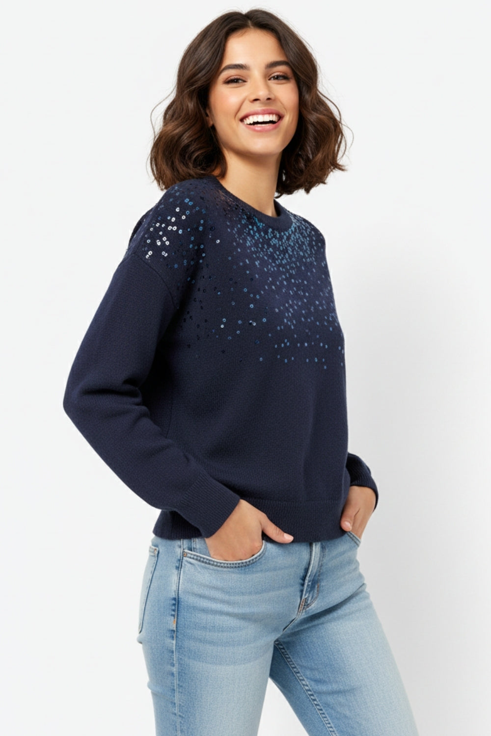 Navy soft knit sweater embellished with sequins on the front