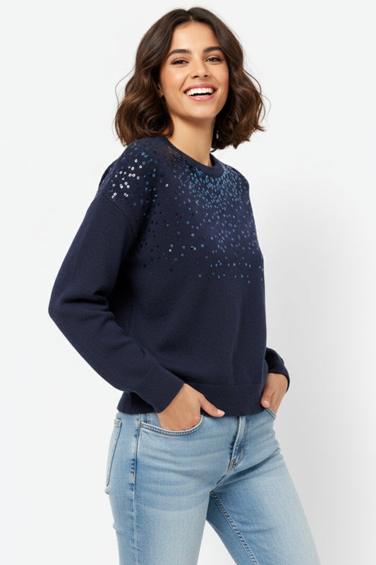 Navy soft knit sweater embellished with sequins on the front