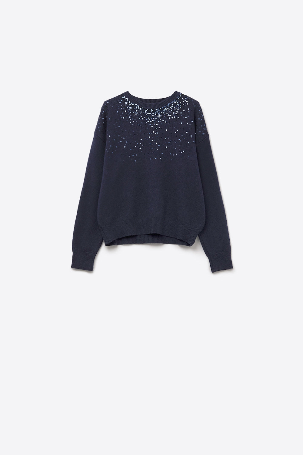 Q2 Navy soft knit sweater embellished with sequins on the front