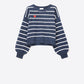 Q2 Navy striped knit sweater with red heart detail
