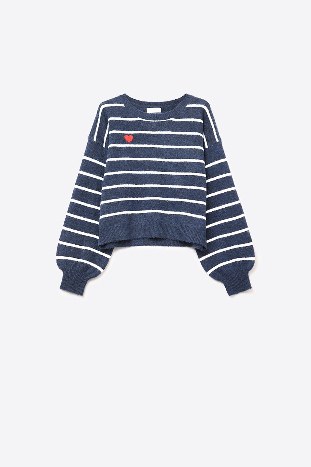 Q2 Navy striped knit sweater with red heart detail