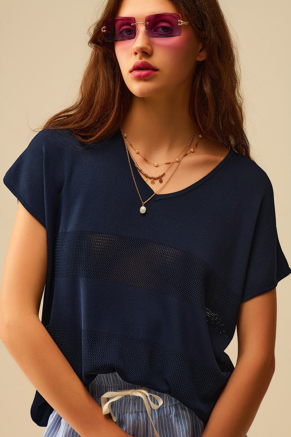 Q2 Navy Striped Texture Knit sweater