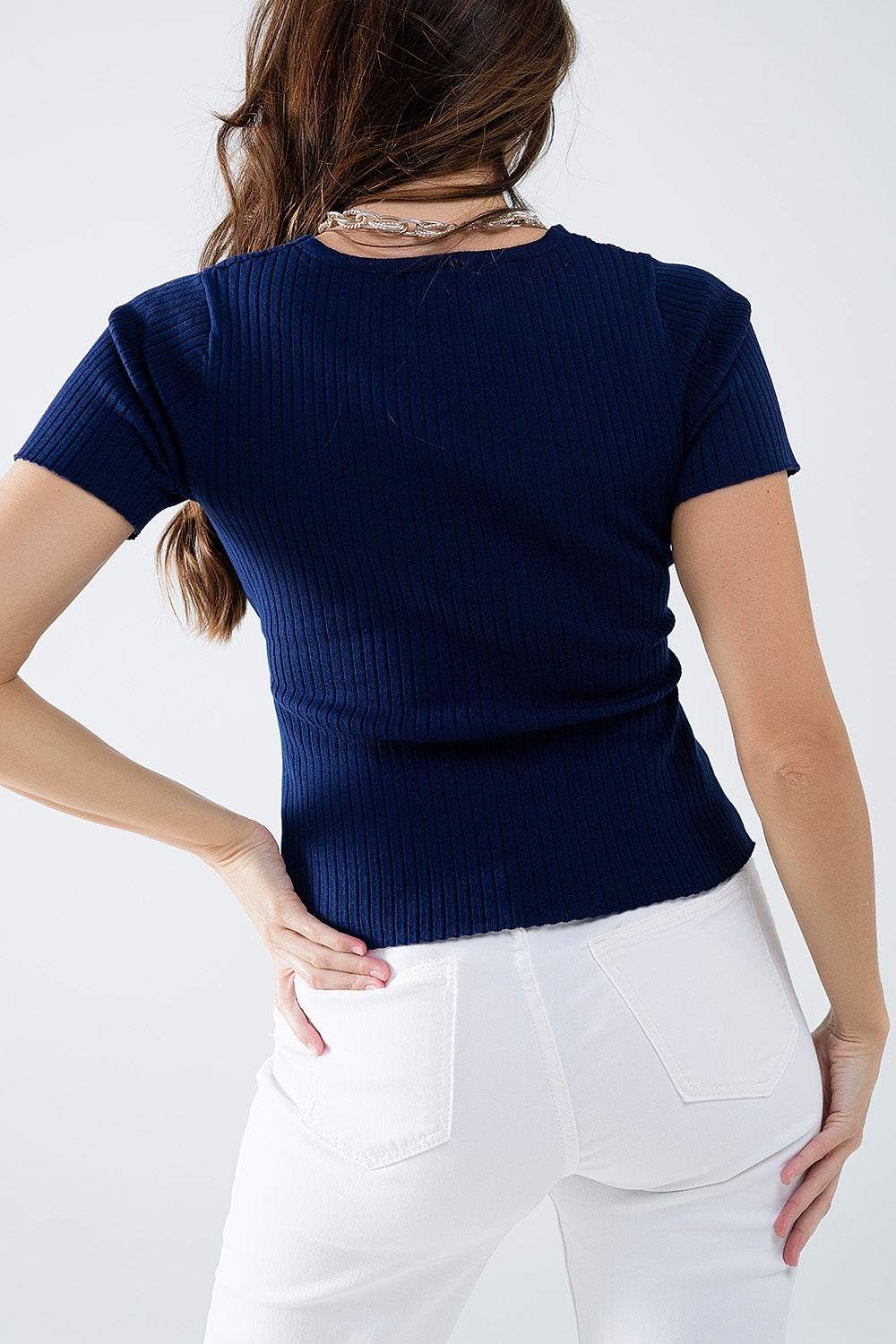 Navy sweater with crossed front and V-neck