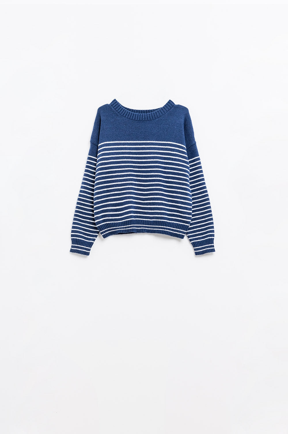 Q2 navy sweater with white stripes and boat neck