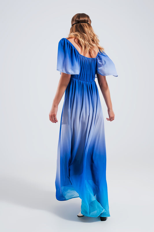 Vestido largo con escote corazón degradado en azul