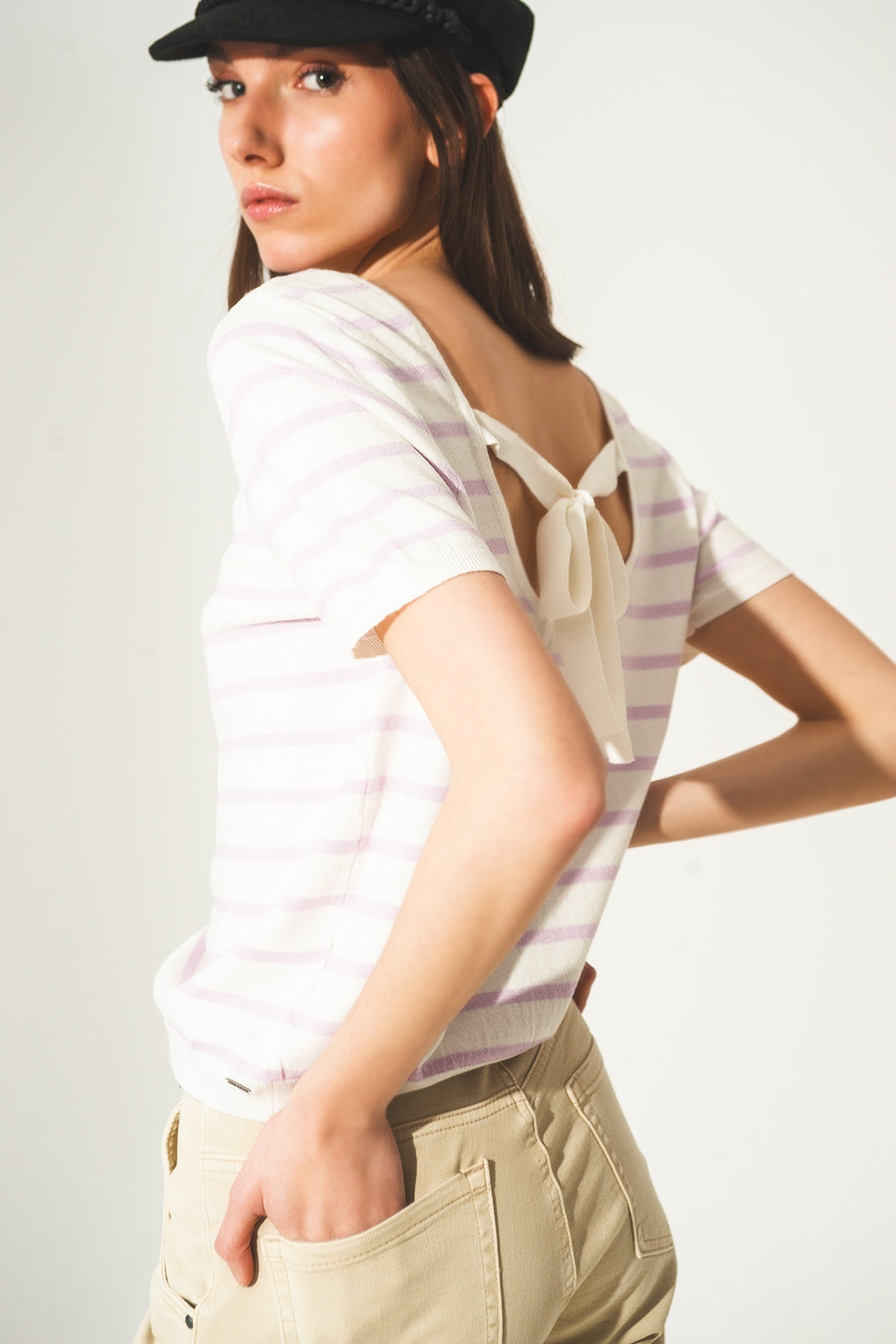 Open back lace up stripes jumper in lilac