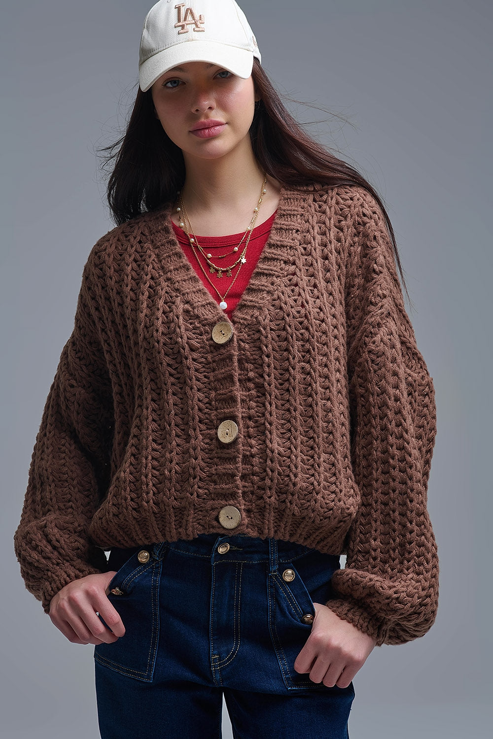 Open Knit Chunky Cardigan In Brown