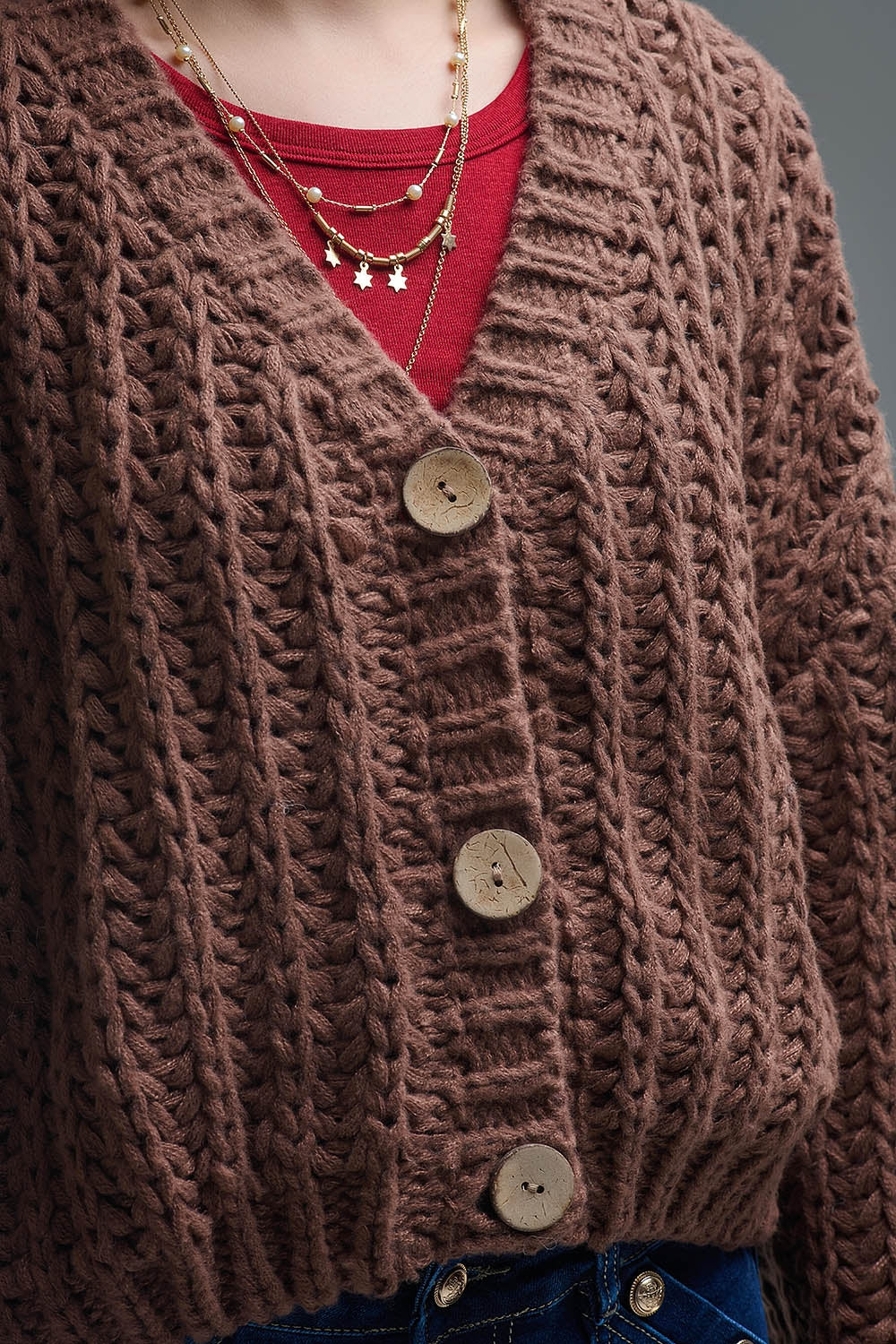 Open Knit Chunky Cardigan In Brown