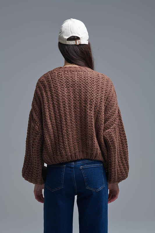 Open Knit Chunky Cardigan In Brown