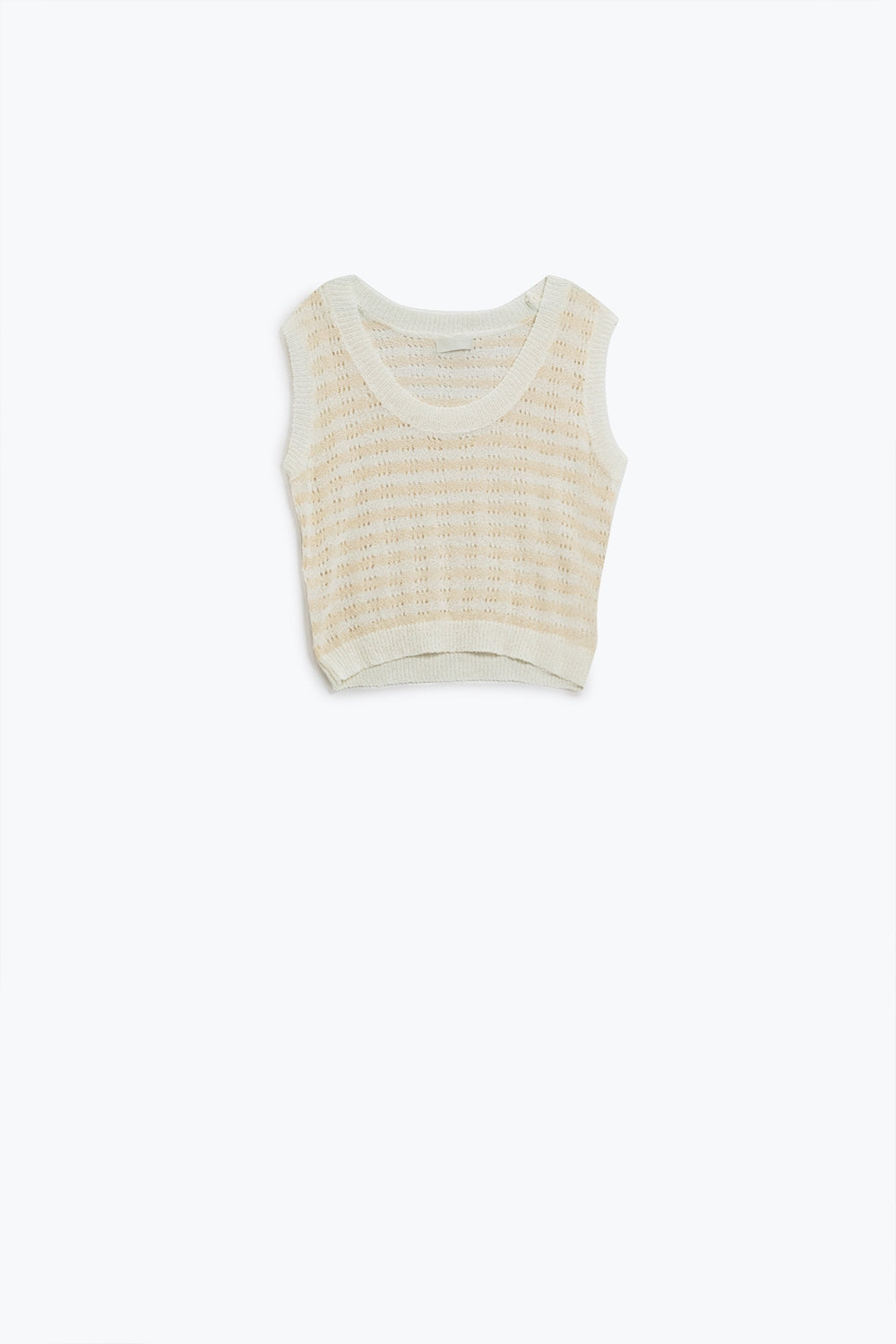 Q2 Open Knit Cropped Striped Sleeveless sweater in cream and White