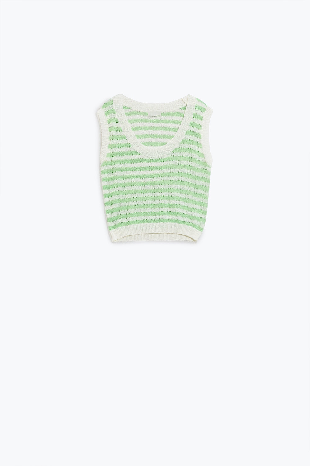 Q2 Open Knit Cropped Striped Sleeveless sweater in Green and White