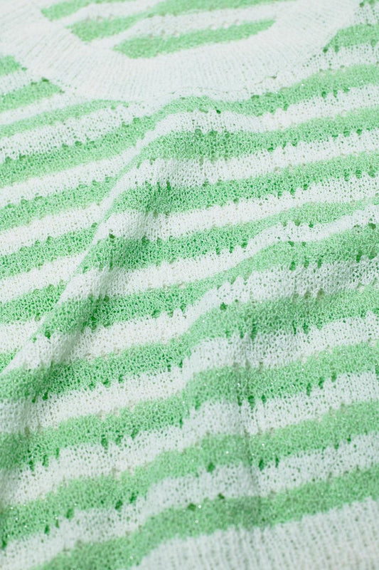 Suéter sin mangas de punto abierto, corto y a rayas en verde y blanco