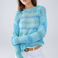 Q2 Open Knit Stripey Crew Neck Sweater in Shades of Blue