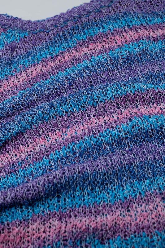 Suéter de cuello redondo a rayas de punto abierto en tonos morados y azules