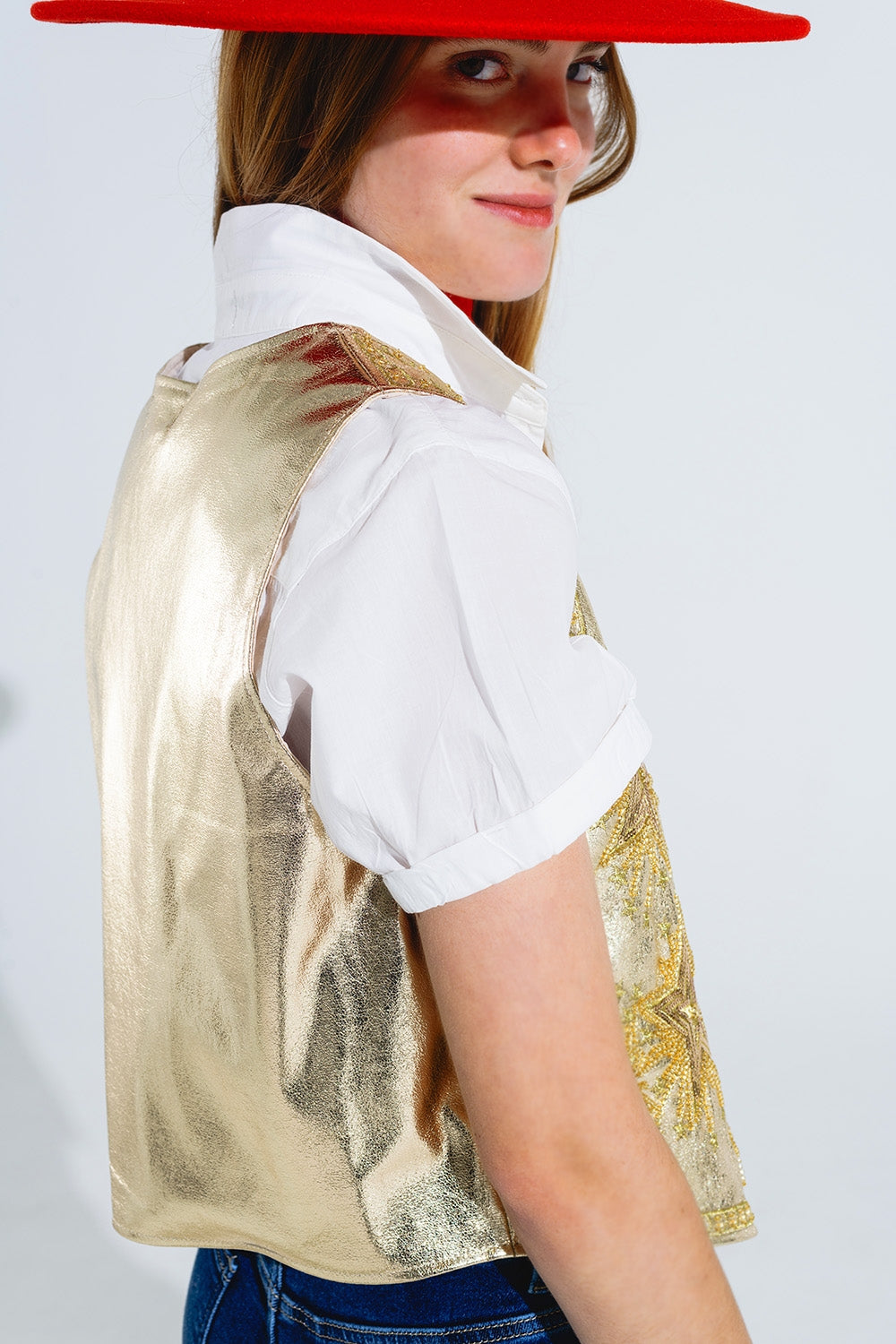 Open Vest With Embroidered Stars in Gold