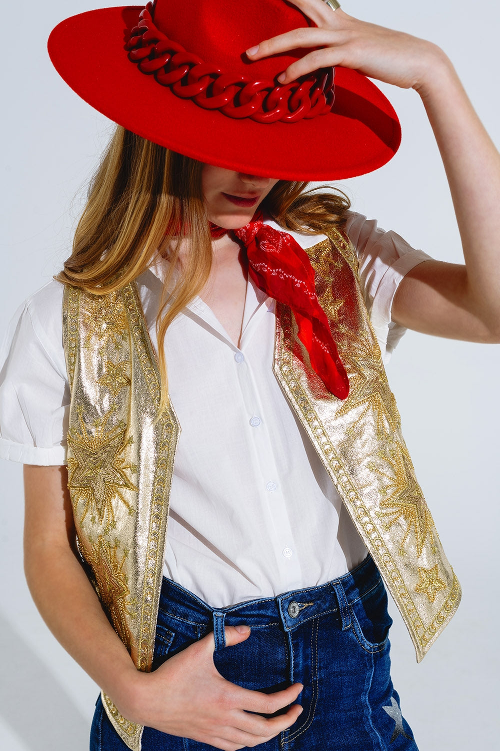 Open Vest With Embroidered Stars in Gold