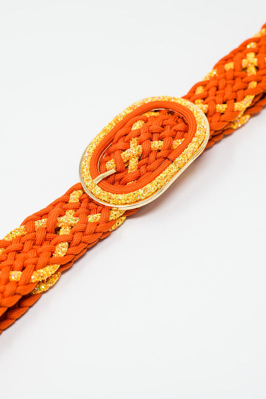 Orange Braided Belt With Intertwined Gold Thread and Oval Buckle