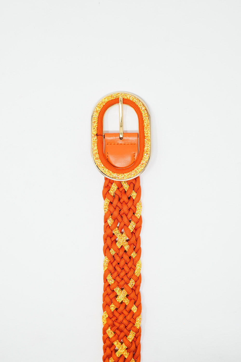 Orange Braided Belt With Intertwined Gold Thread and Oval Buckle