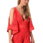 Q2 Orange eyelash lace romper with cold shoulder detail