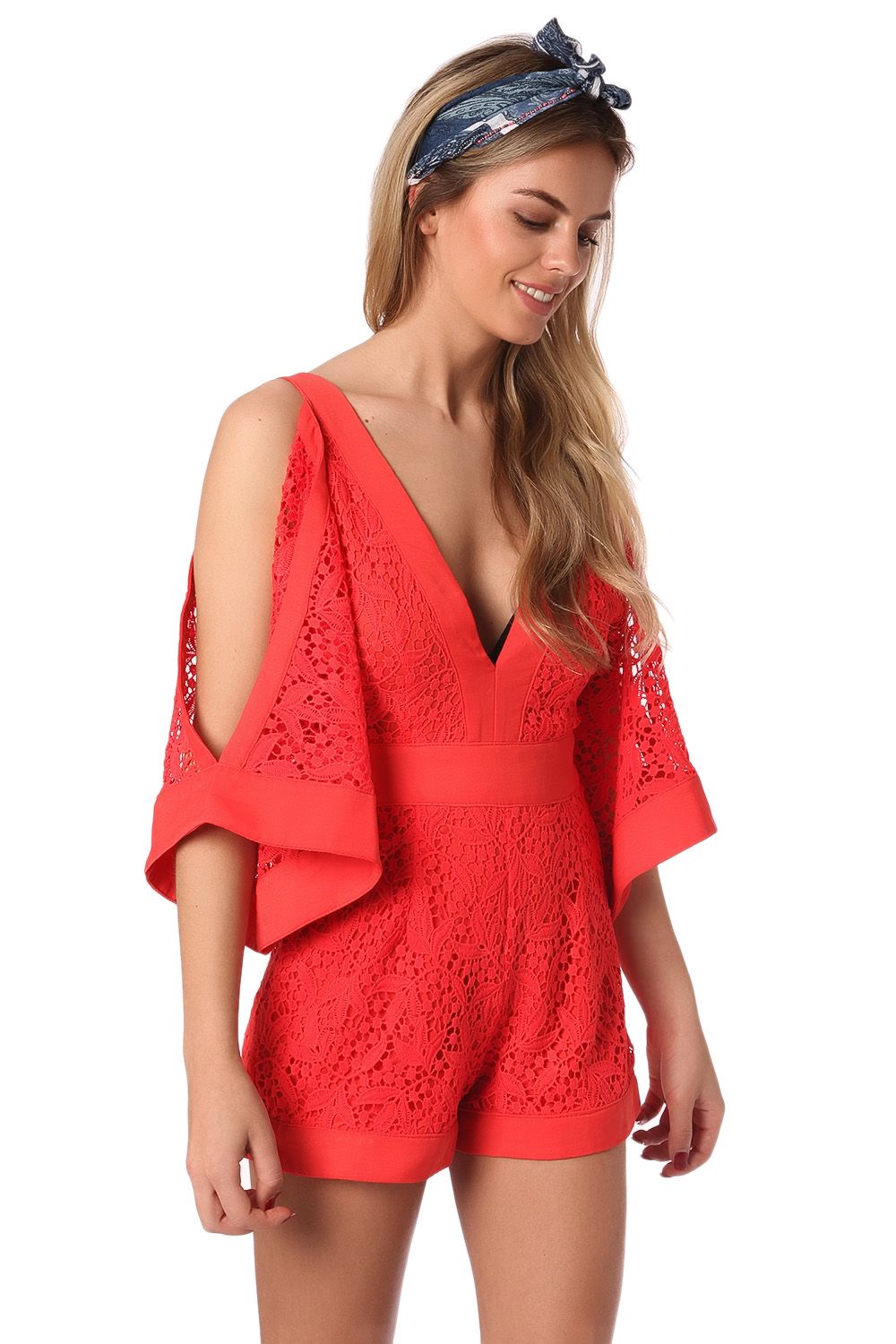 Q2 Orange eyelash lace romper with cold shoulder detail