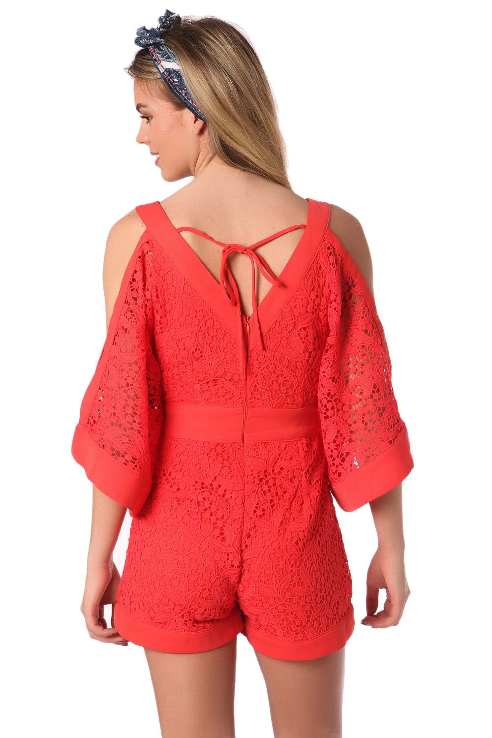 Orange eyelash lace romper with cold shoulder detail