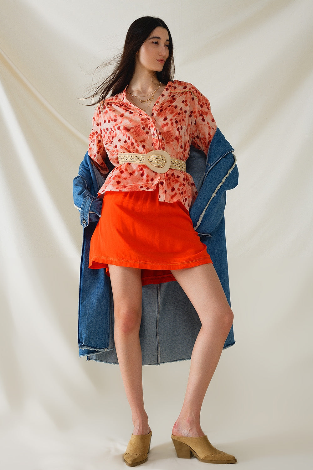 Orange Shirt With Abstract Print And 3/4 Length Sleeves