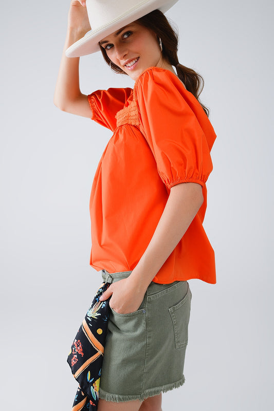 Q2 Orange Top With Square Neckline And Short Sleeves
