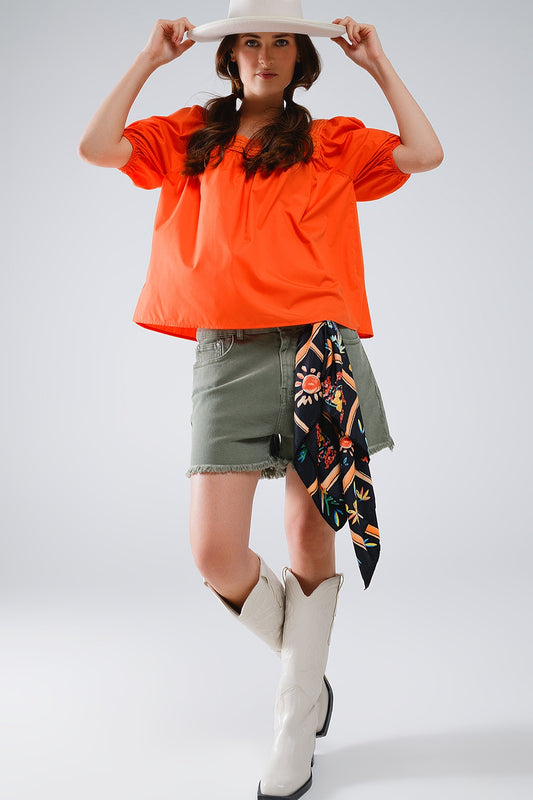 Orange Top With Square Neckline And Short Sleeves