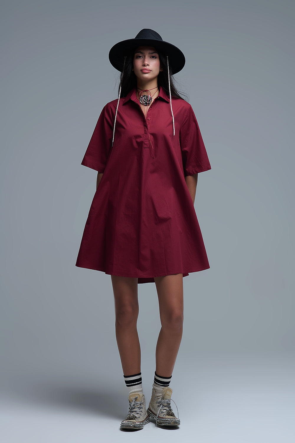 Q2 Oversized 3/4 Sleeve Poplin Dress Burgundy