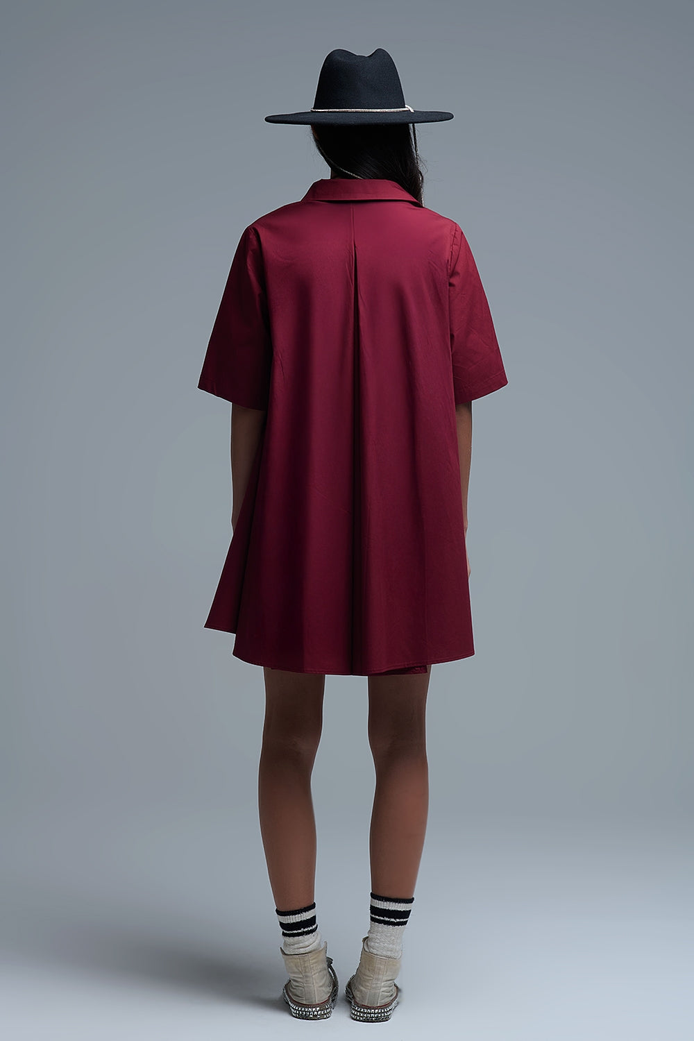 Oversized 3/4 Sleeve Poplin Dress Burgundy