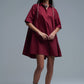 Oversized 3/4 Sleeve Poplin Dress Burgundy