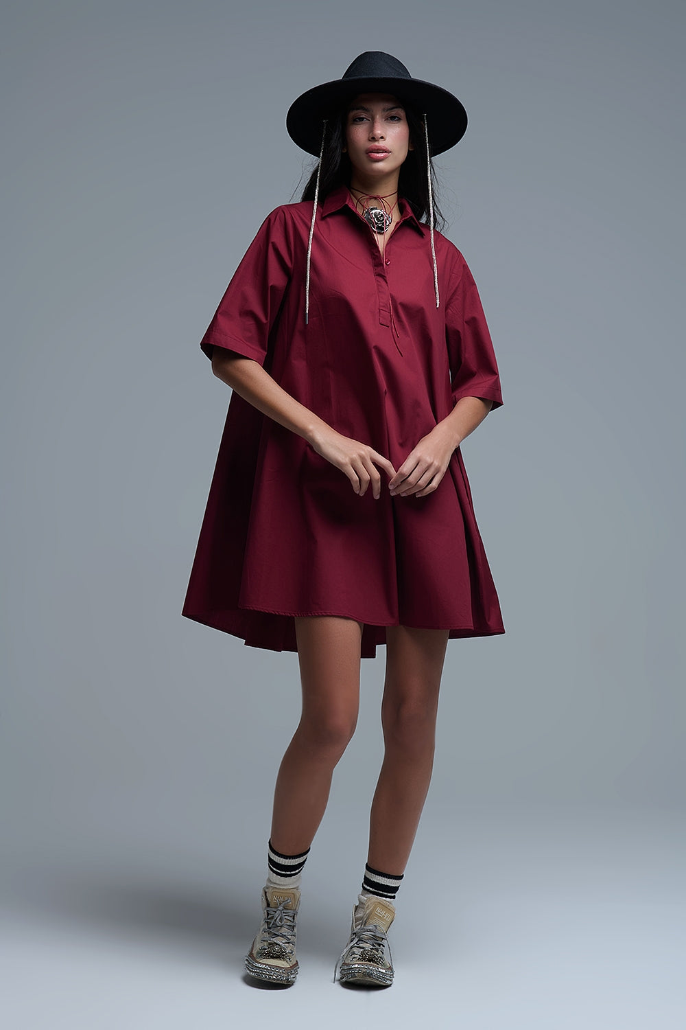 Oversized 3/4 Sleeve Poplin Dress Burgundy