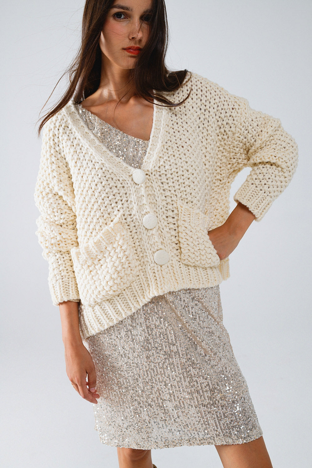 Q2 Oversized beige chunky knit jacket with pockets