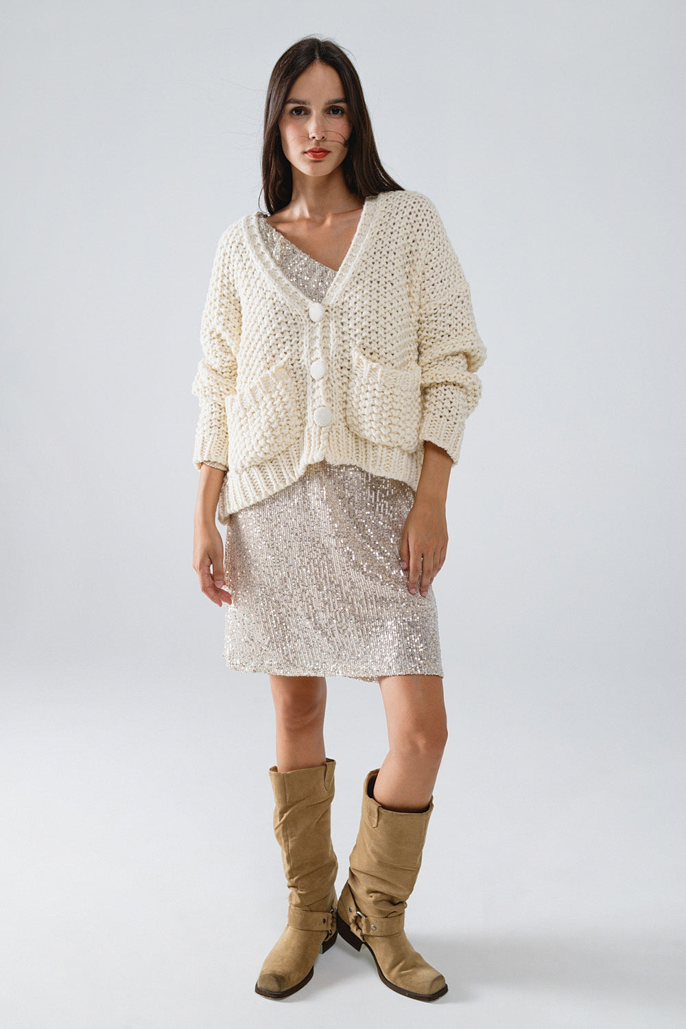 Oversized beige chunky knit jacket with pockets