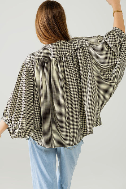 Oversized Black and creme Gingham Blouse Heart Detail