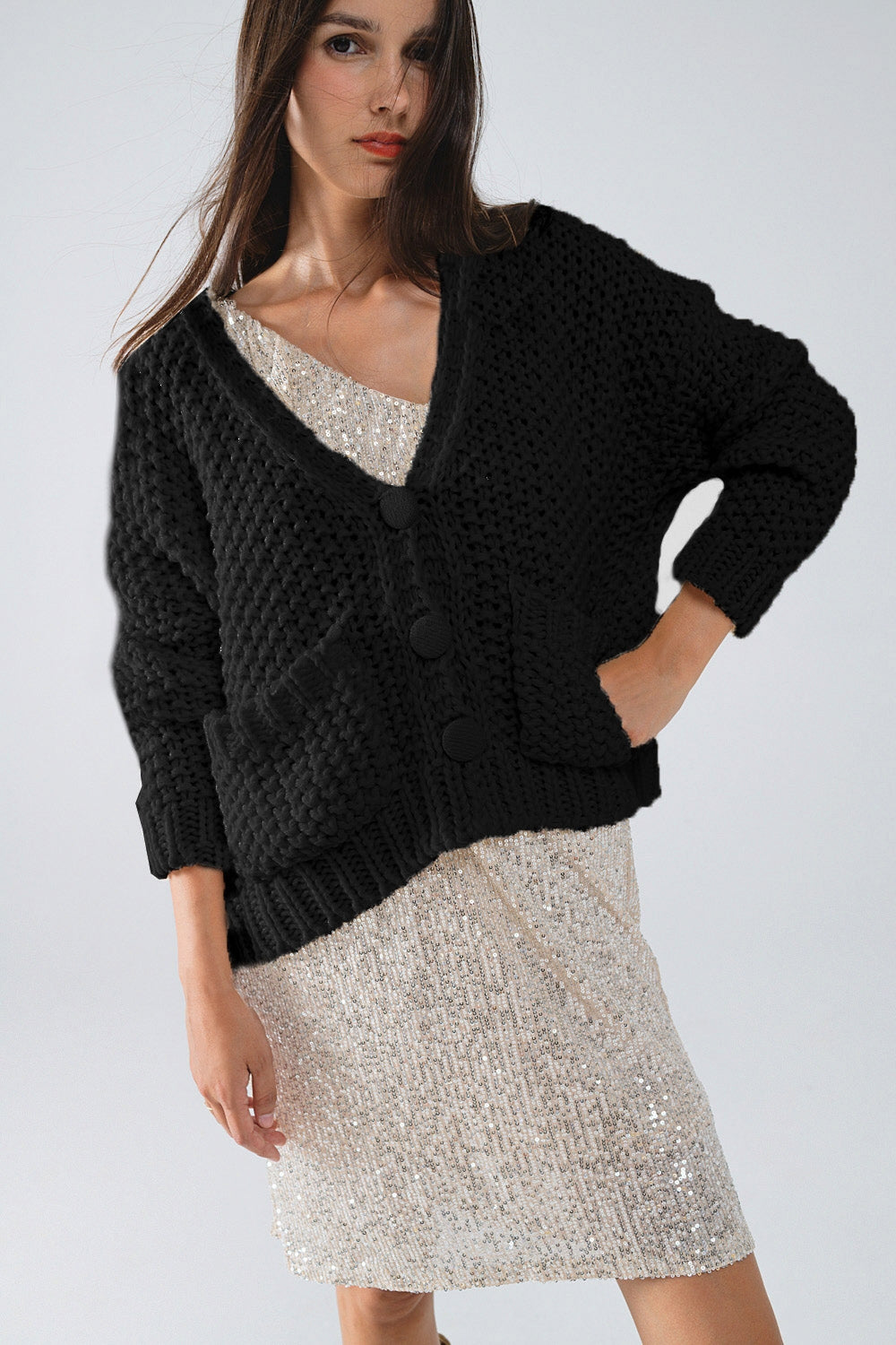 Q2 Oversized black chunky knit jacket with pockets